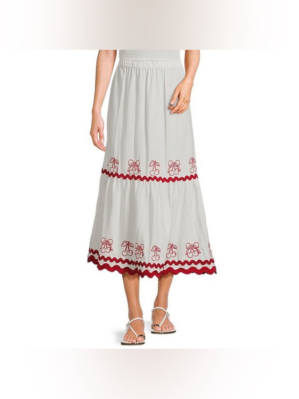 White Midi Skirt with Red Embroidered Trim